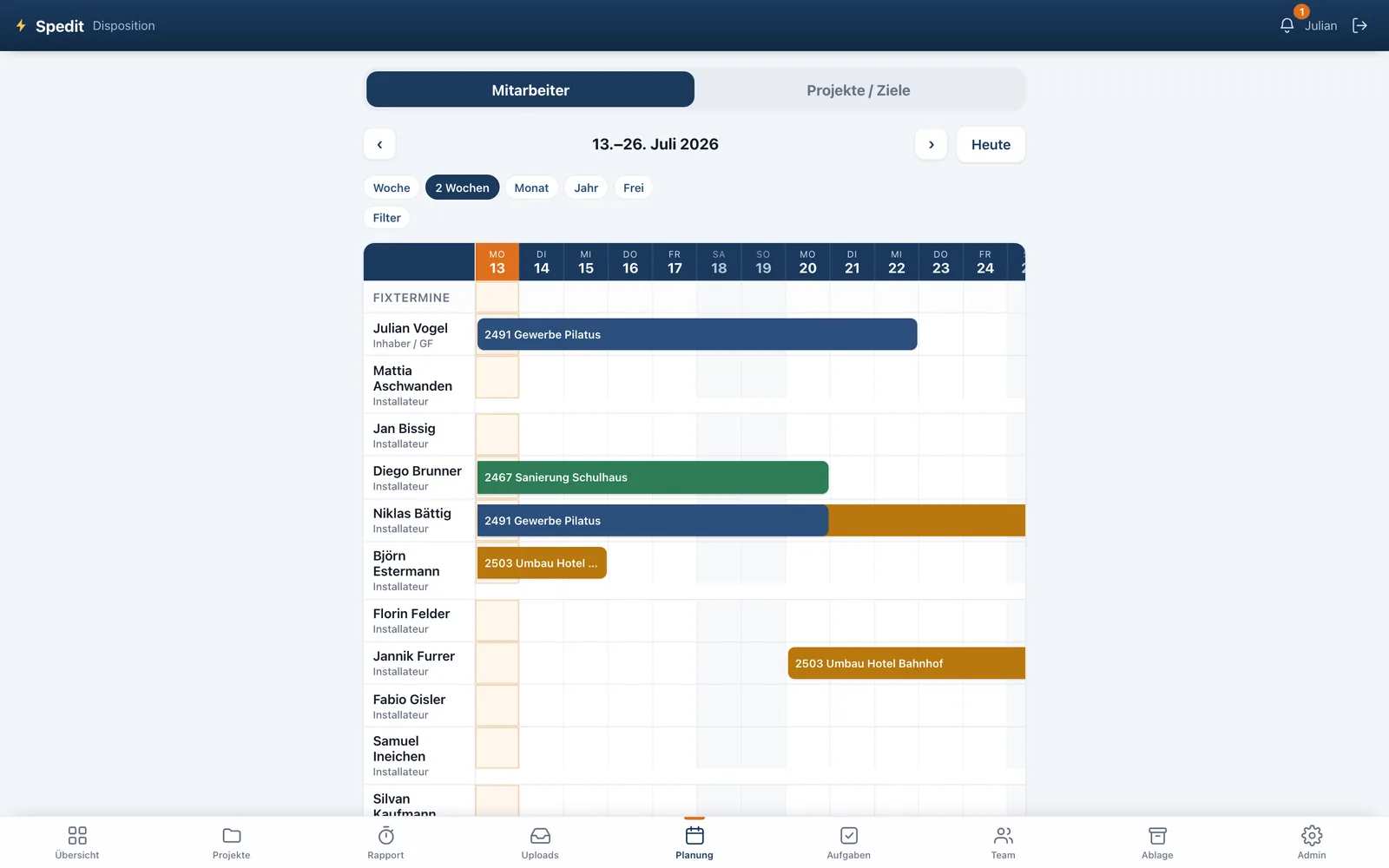 Plantafel «Disposition»: Zweiwochen-Ansicht.