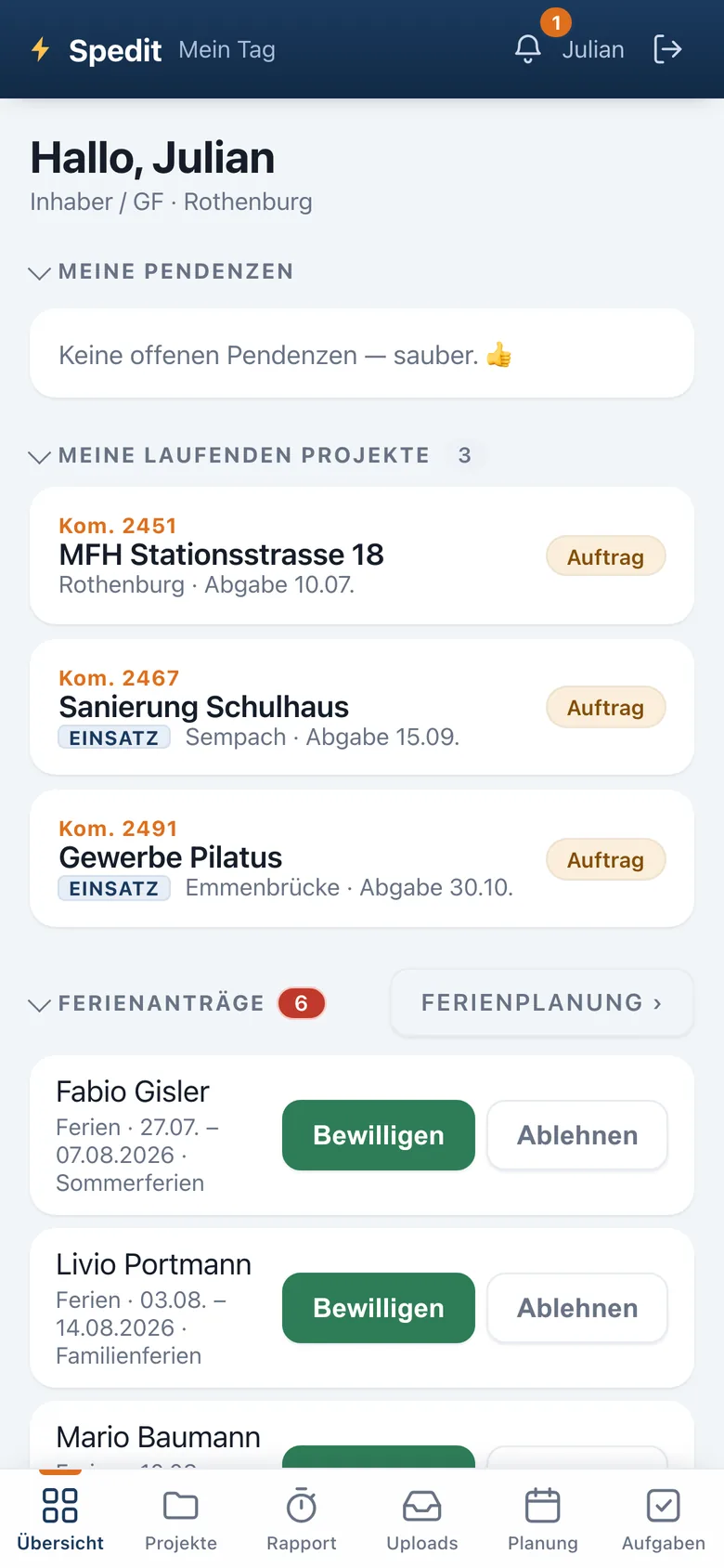 Spedit auf dem Handy: die Übersicht «Mein Tag» mit laufenden Projekten und offenen Ferienanträgen.