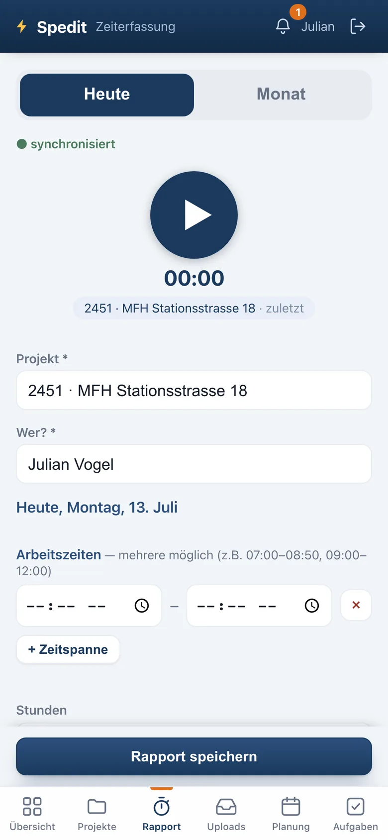 Zeiterfassung «Zeit & Material» auf dem Handy.